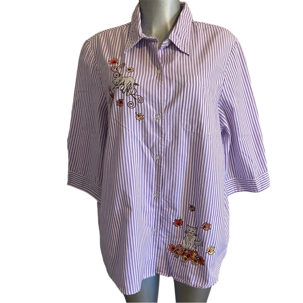 Cat Pinstriped Shirt 3/4 Sleeve Oversized Lavender Kitty Leaves Casual Lagen